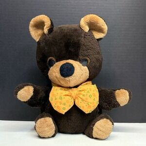 Vintage Knickerbocker Teddy Bear Plush 11" Brown Stuffed Animal Orange Bow 1980s
